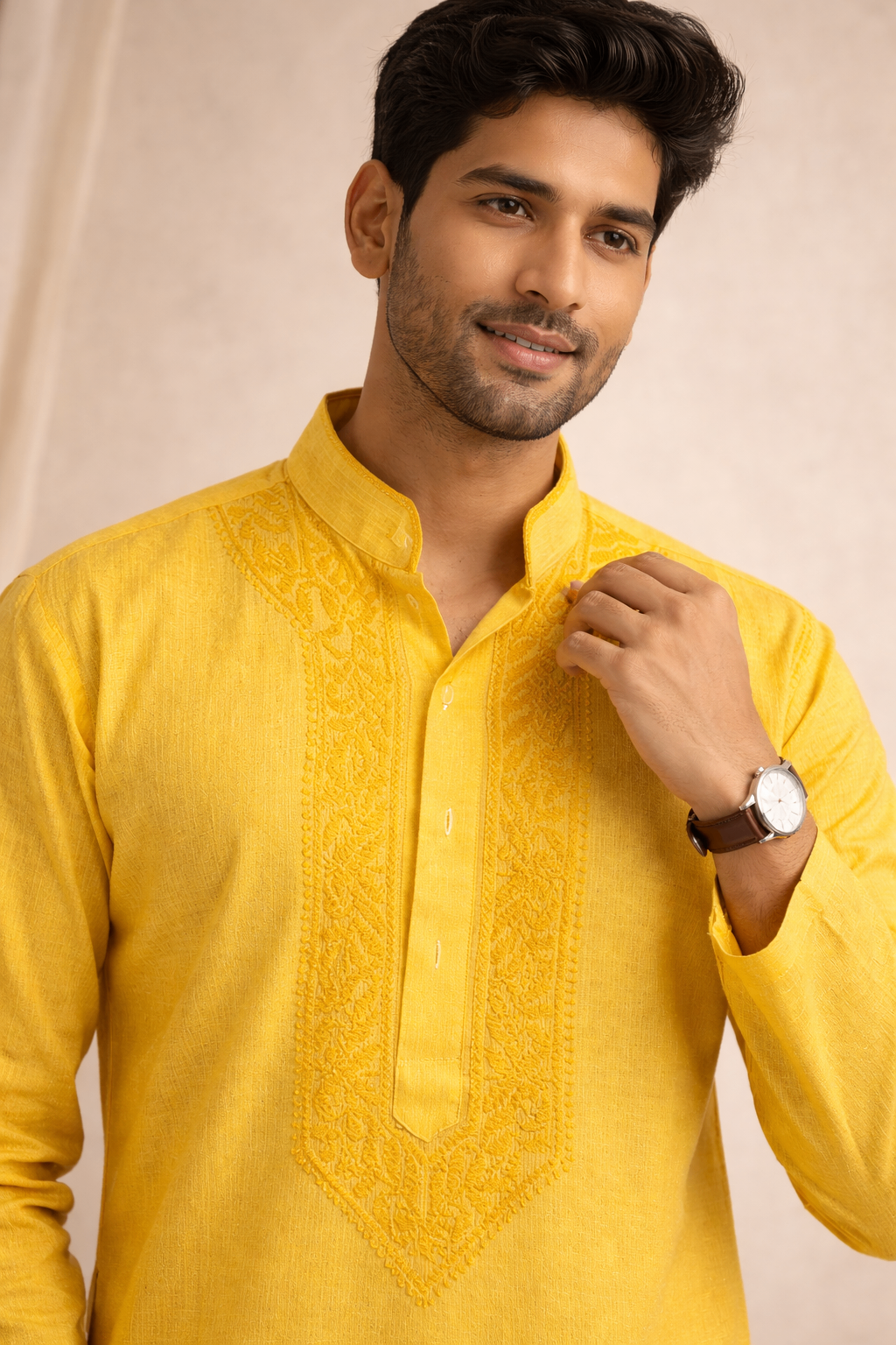 Karigiri Yellow Pure Cotton Chikankari Men's Kurta_KF0053