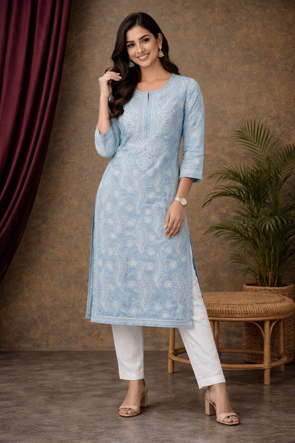 Karigiri Women’s Pure Soft Cotton Kurti, Light Grey with Lucknowi Chikankari Embroidery, Straight Fit, Round Neck, 3/4 Sleeves