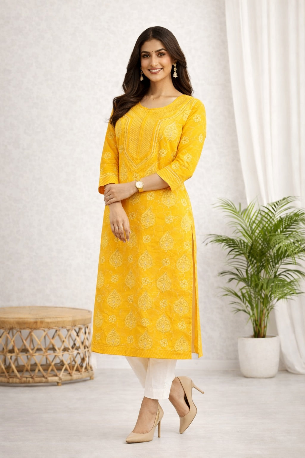 Karigiri Mustard Yellow Chikankari Cotton Kurti_KF0091