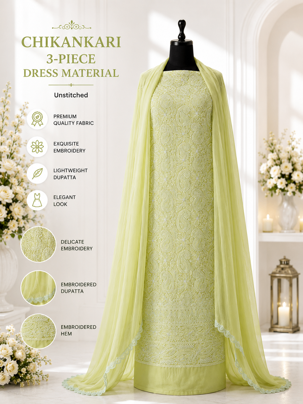 Karigiri Pastel Lime Green Chikankari Cotton Dress Material