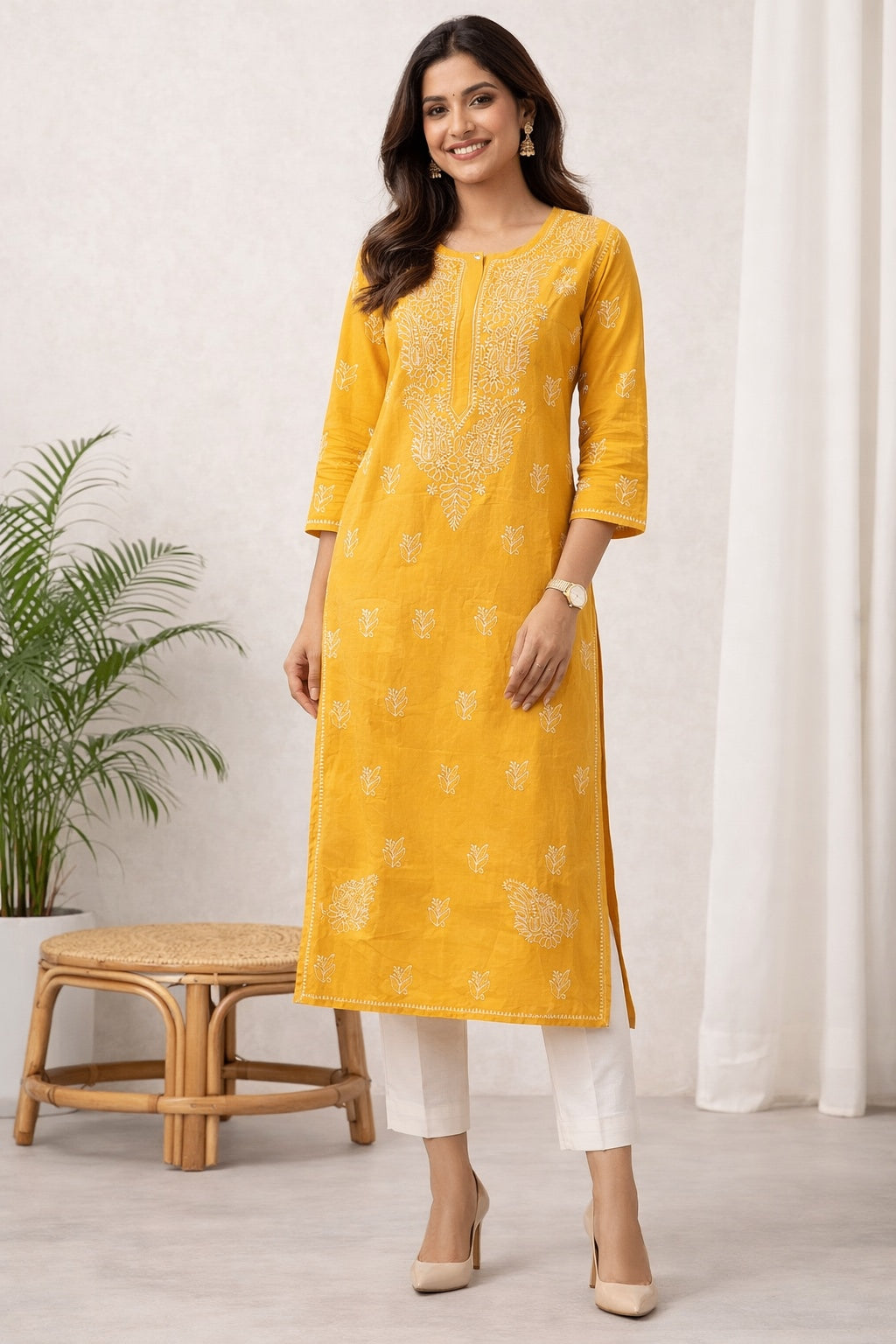 Karigiri Mustard Yellow Chikankari Cotton Kurti_KF0133