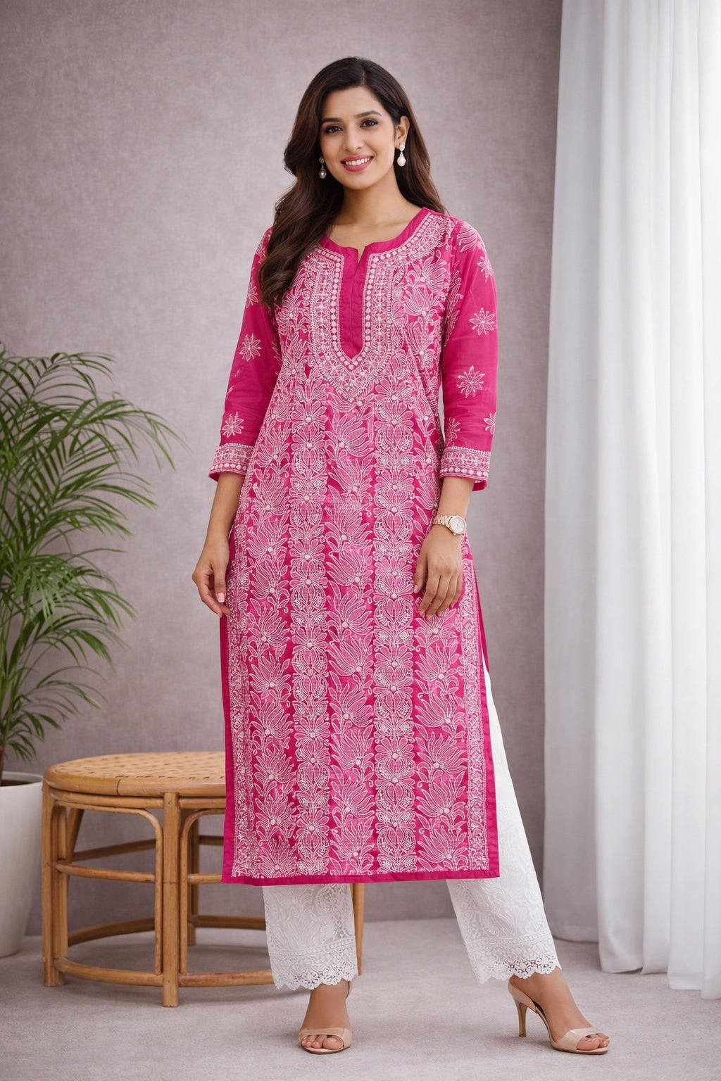 Karigiri Rani Pink Chikankari Georgette Kurti_KF0069