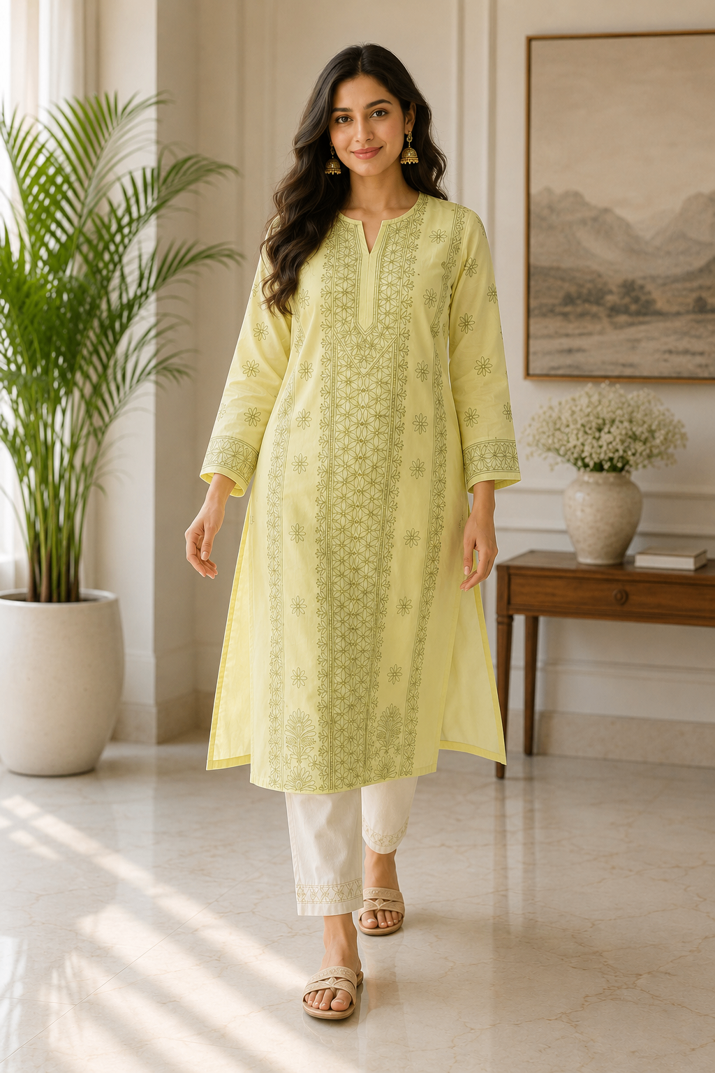 Karigiri Lemon Yellow Chikankari Cotton Kurti_KF0114