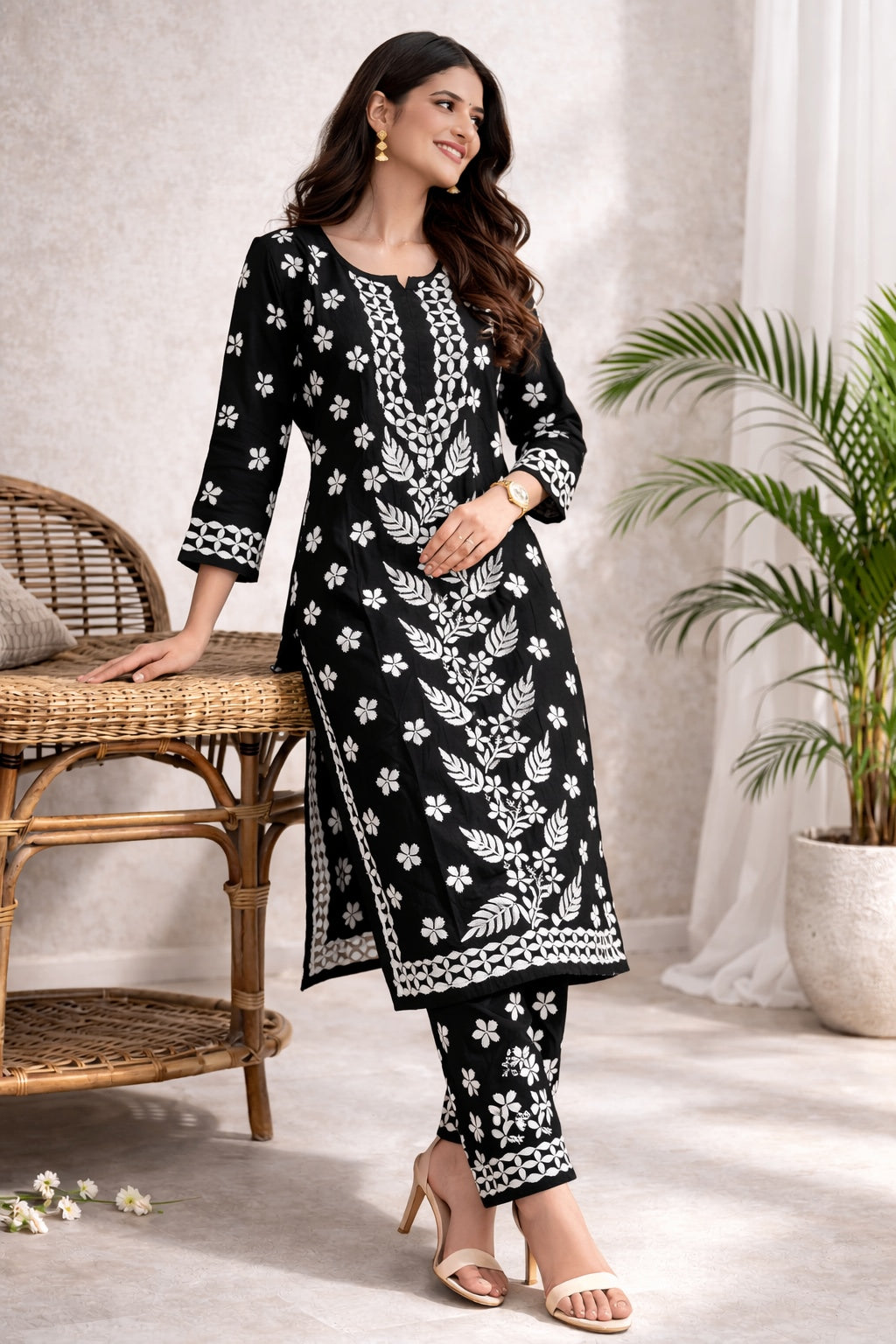 Karigiri Black White Chikankari Cotton Kurti Set_KF0008