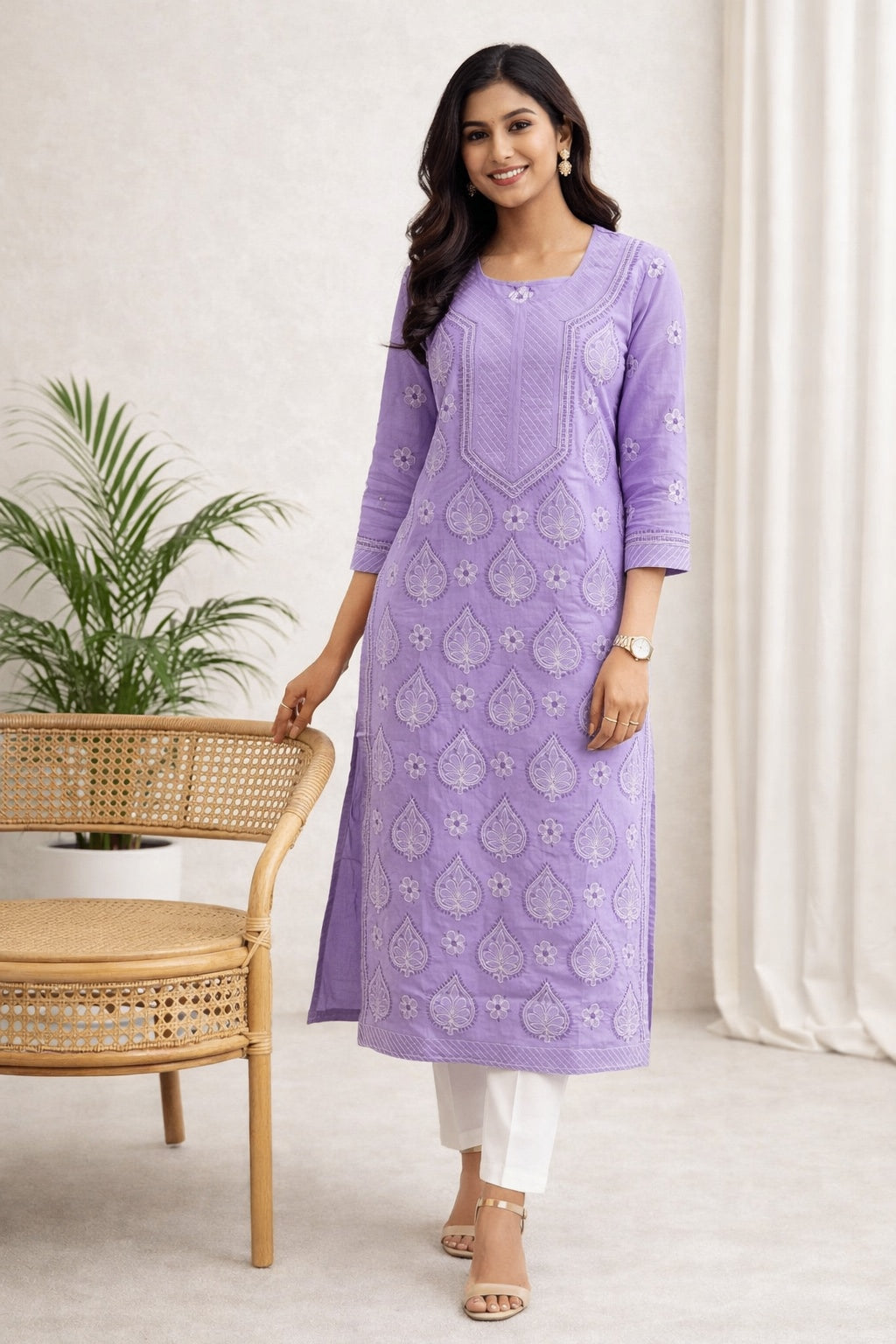 Karigiri Lavender Lucknowi Chikankari Cotton Kurti for Women_KF0089