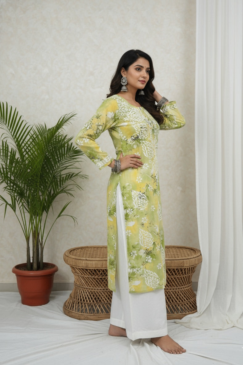 Karigiri Lime Green Lucknowi Chikankari Printed Cotton Kurta_KF0219