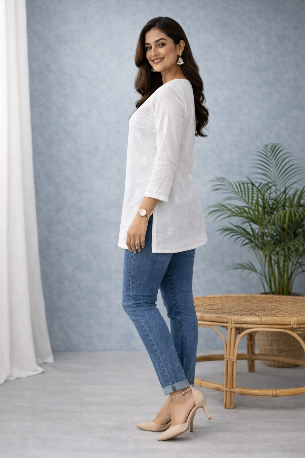Karigiri White Chikankari Cotton Short Kurti_KF0200