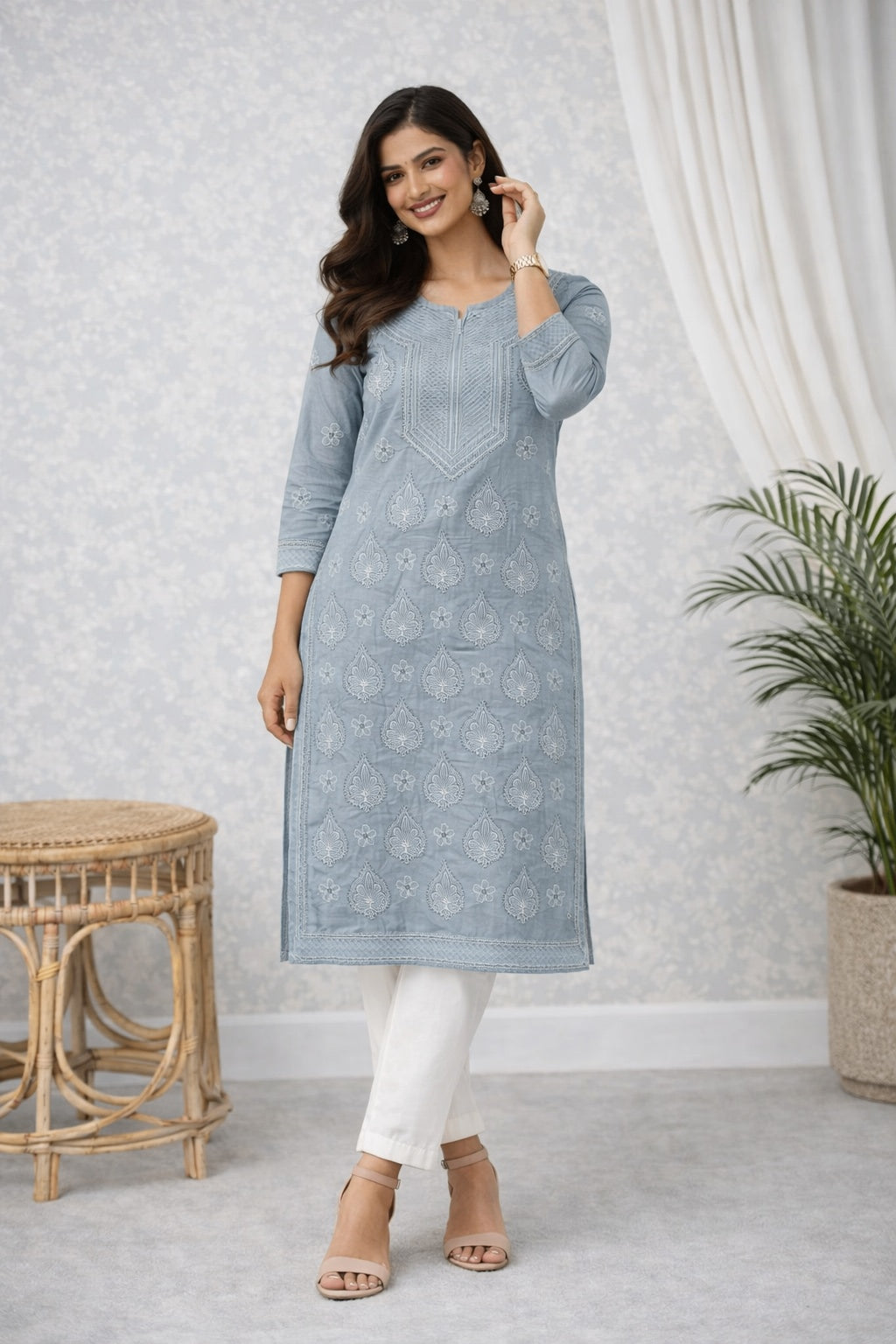 Karigiri Grey Chikankari Cotton Kurti Floral_KF0088