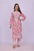 Karigiri Pink Floral Chikankari Cotton Kurti Set_KF0059