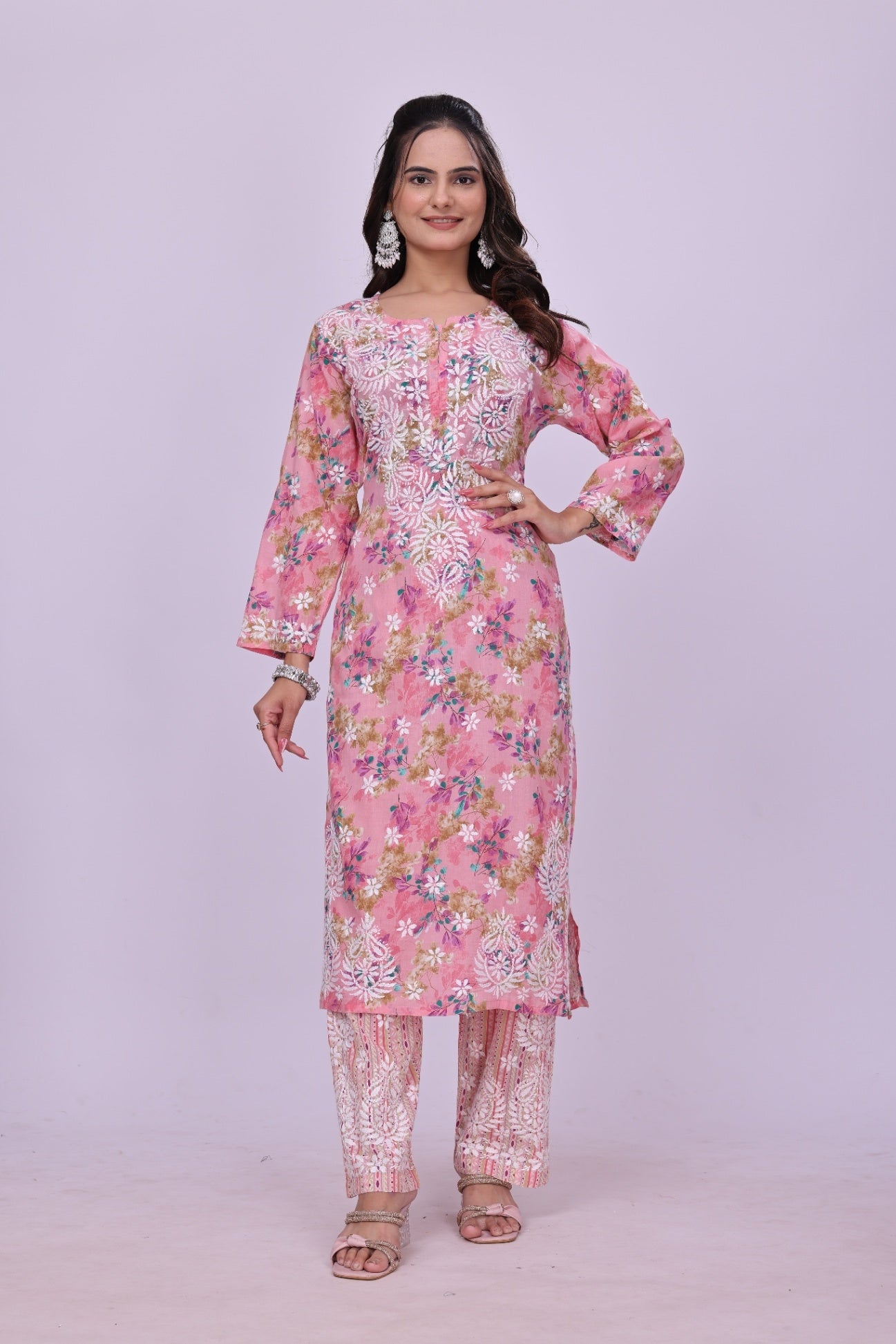 Karigiri Pink Floral Chikankari Cotton Kurti Set_KF0059