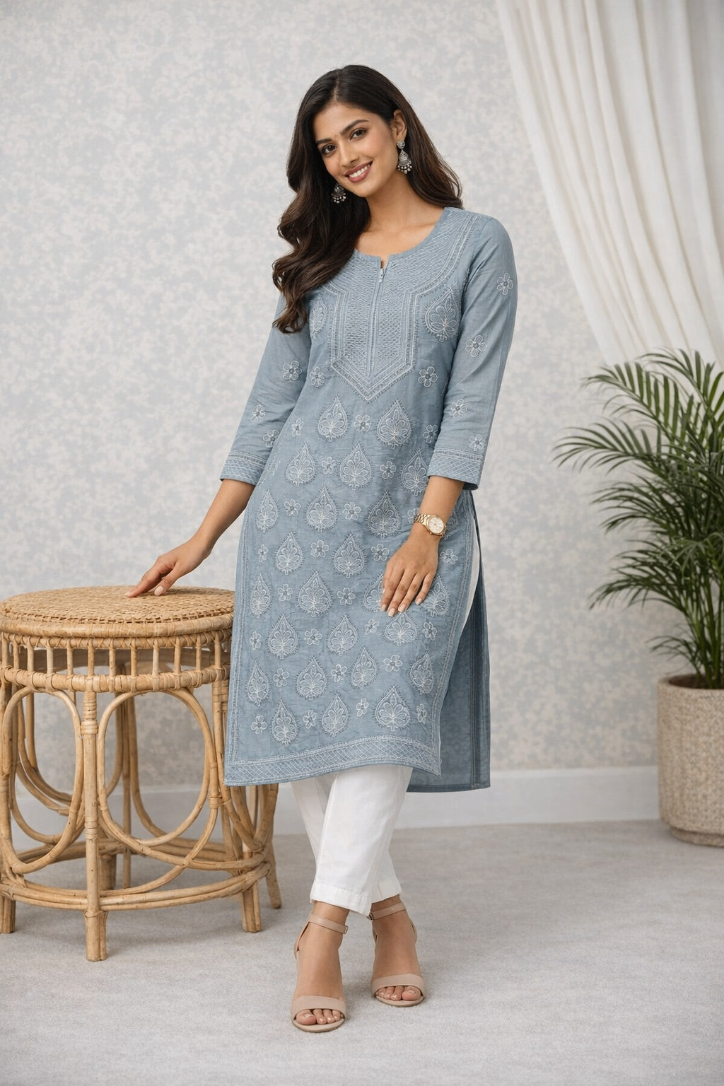 Karigiri Grey Chikankari Cotton Kurti Floral_KF0088