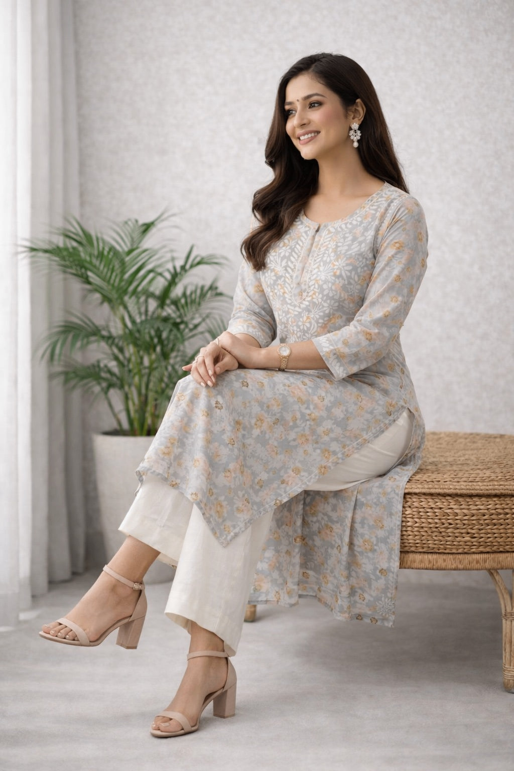 Karigiri Grey Chikankari Floral Printed Cotton Long Kurti_KF0039