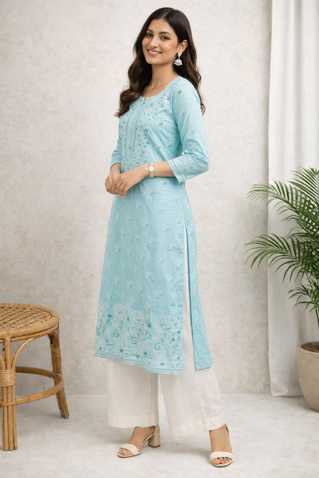 Karigiri Sky Blue Chikankari Cotton Kurti for Women_KF0184