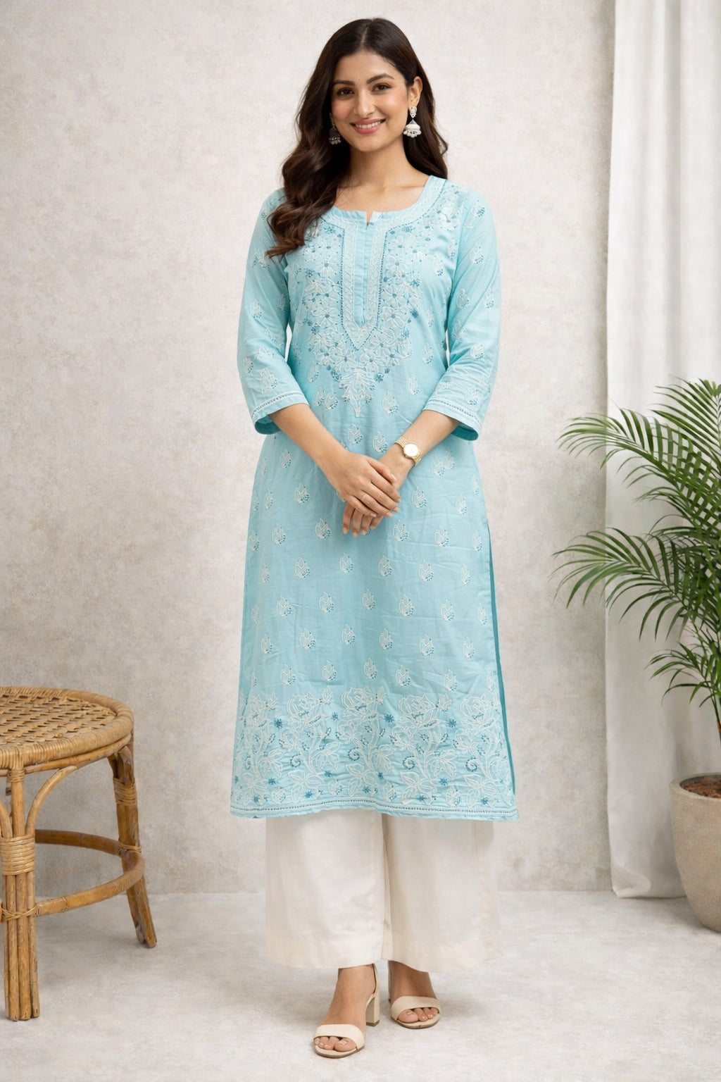 Karigiri Sky Blue Chikankari Cotton Kurti for Women_KF0184