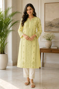 Karigiri Lemon Yellow Chikankari Cotton Kurti_KF0114