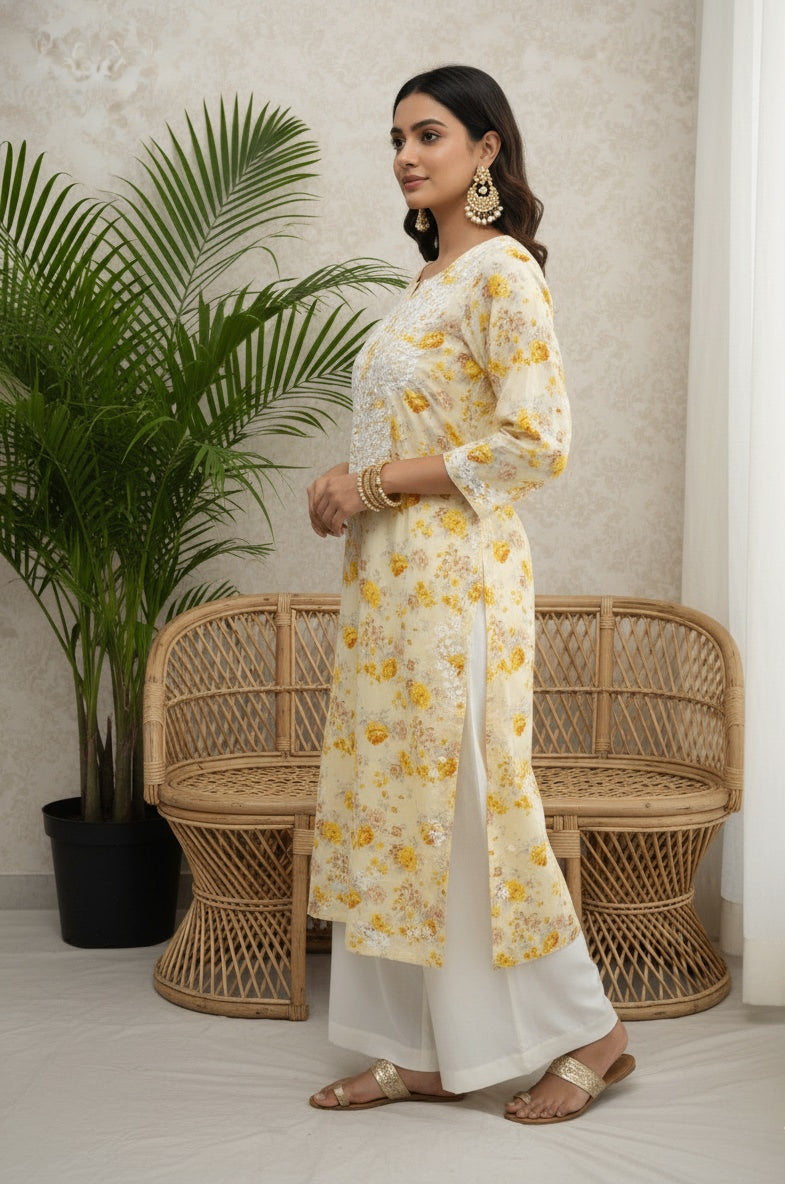 Karigiri Yellow Floral Chikankari Printed Cotton Kurta Women_KF0087