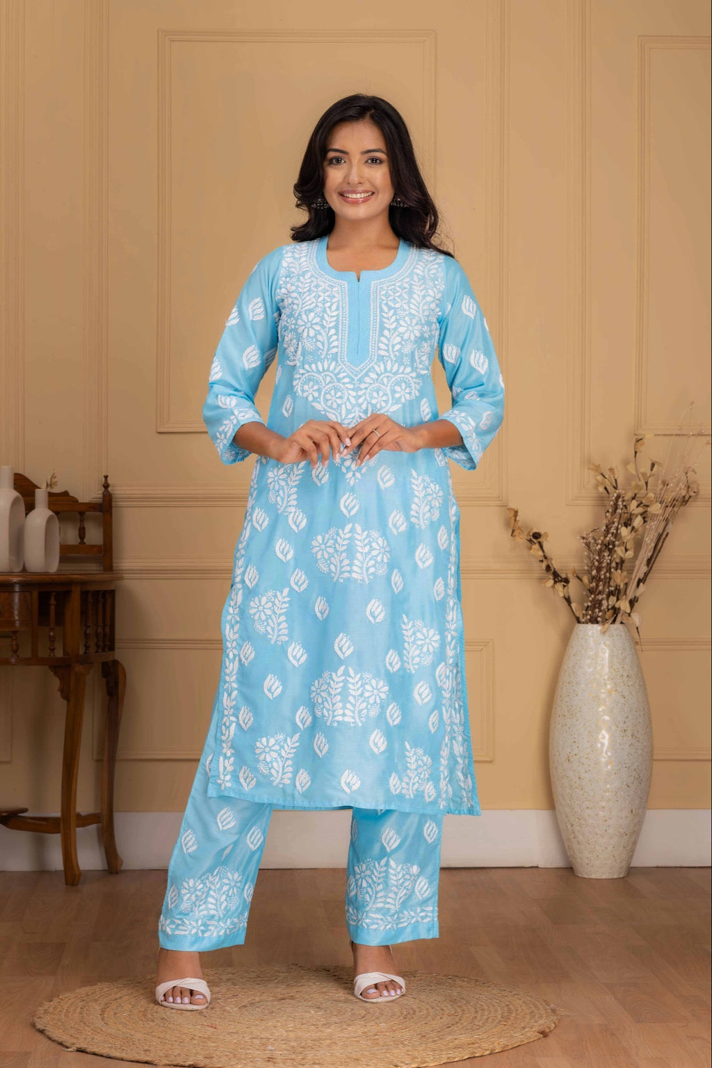 Karigiri Light Blue Chikankari Hand Embroidered Muslin Kurti Set with White Floral Motifs, 3/4 Sleeves