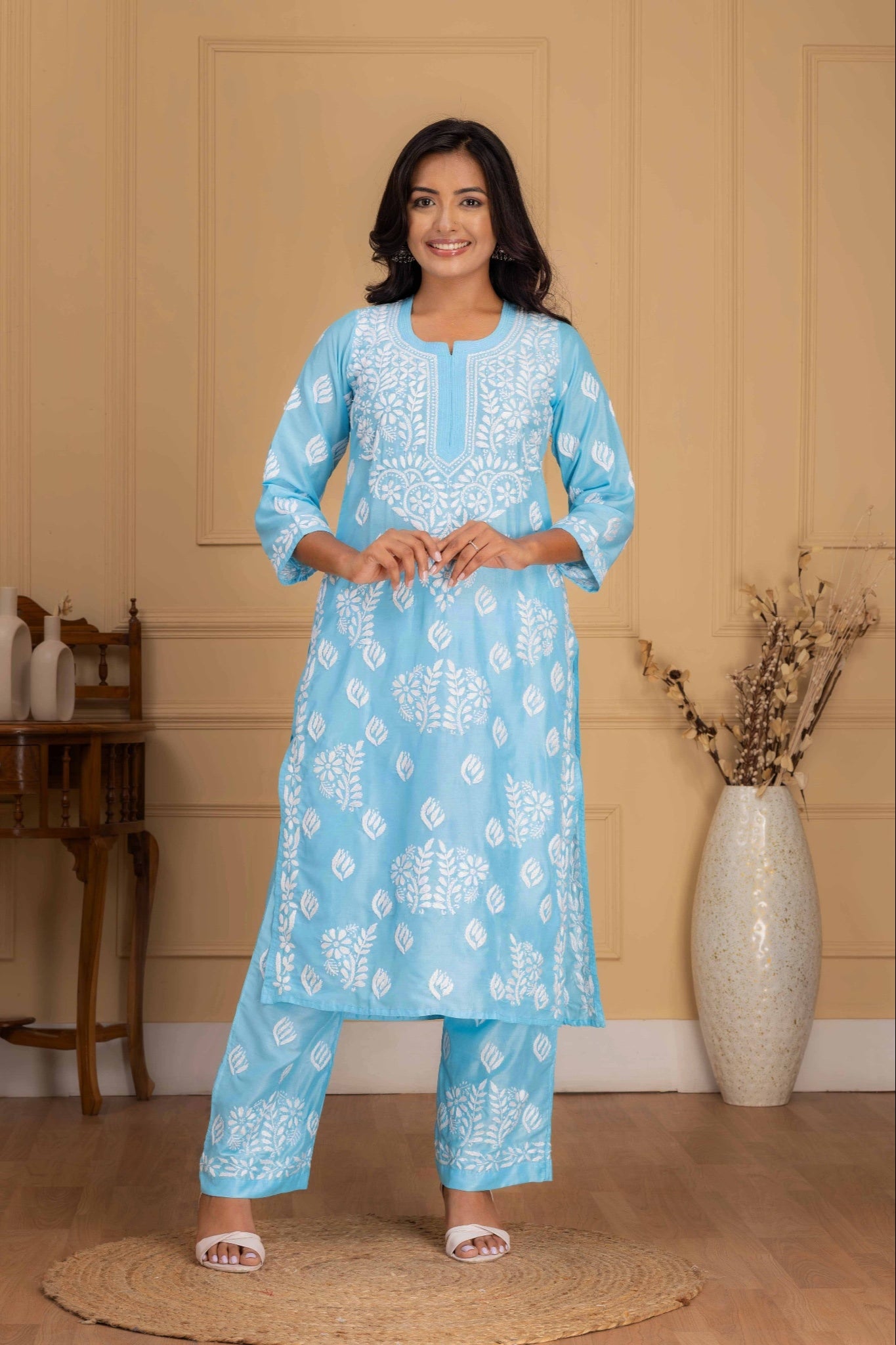 Karigiri Light Blue Chikankari Hand Embroidered Muslin Kurti Set with White Floral Motifs, 3/4 Sleeves