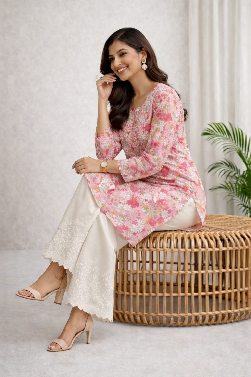 Karigiri Pink Floral Print Chikankari Short Kurti_KF0149
