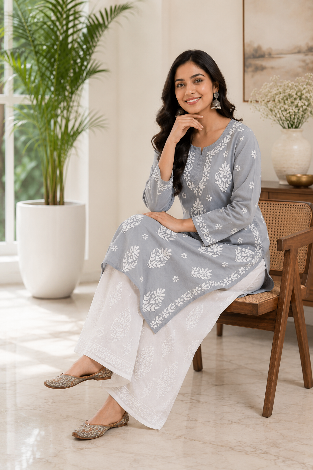 Karigiri Grey Mulmul Cotton Chikankari Kurti Women_KF0040