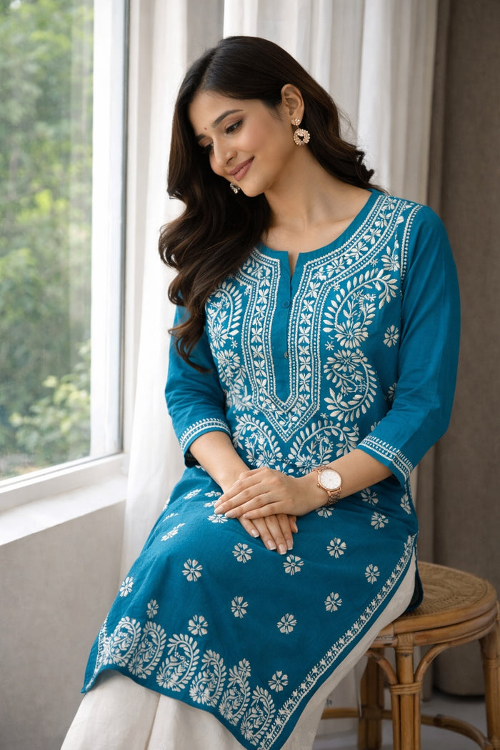 Karigiri Teal Blue Chikankari Cotton Kurti Women_KF0105
