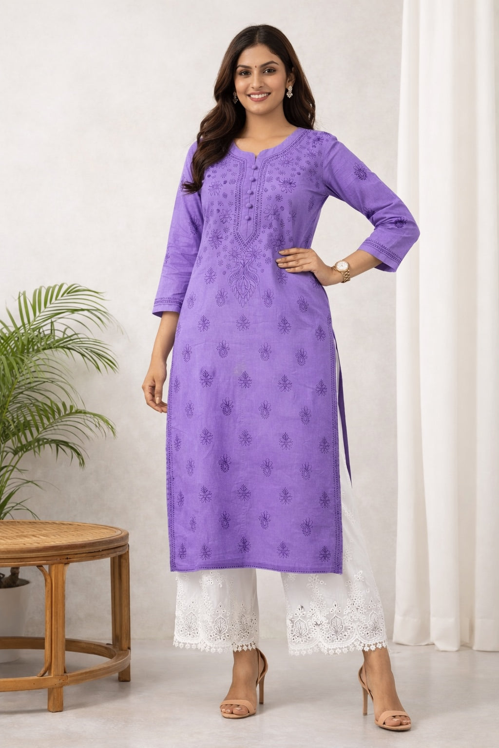 Karigiri Royal Purple Chikankari Cotton Kurti_KF0083