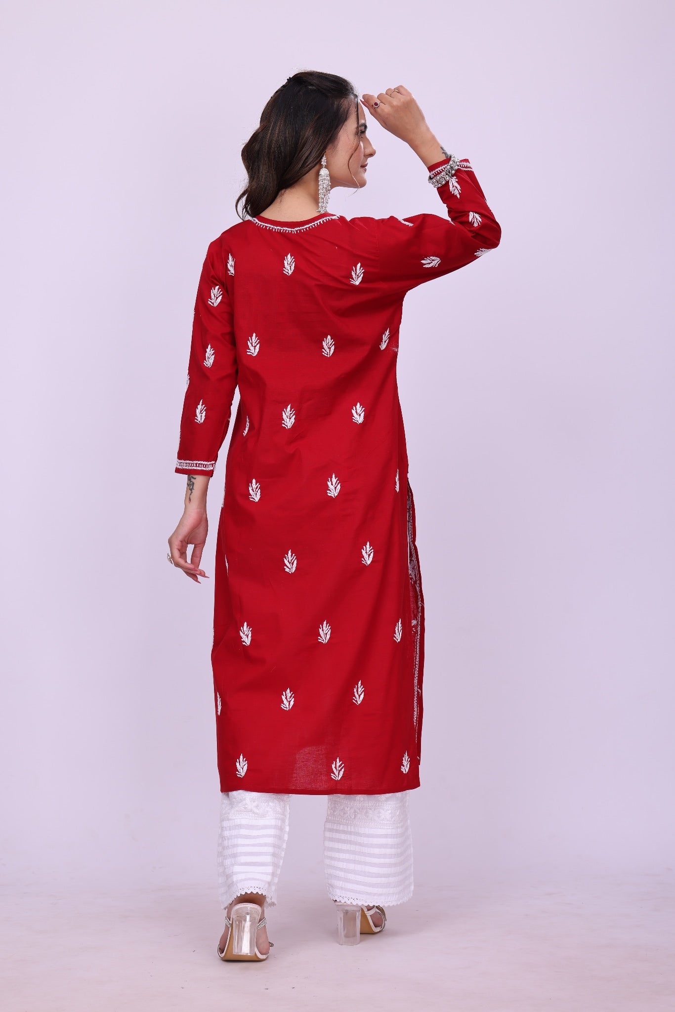 Karigiri Red Cotton Chikankari Kurti Lucknowi_KF0163