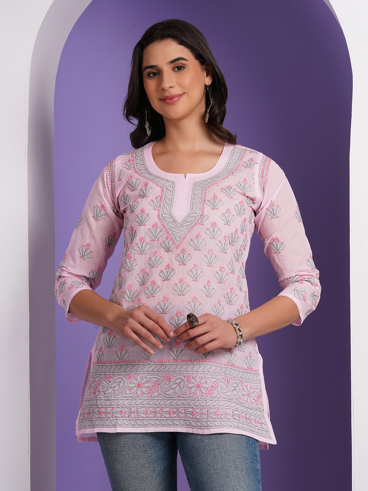 Karigiri Pink Lucknowi Chikankari Hand Embroidered Pure Cotton Straight Hip-Length Short Kurti, 3/4 Sleeve, Ethnic Casual Wear for Women