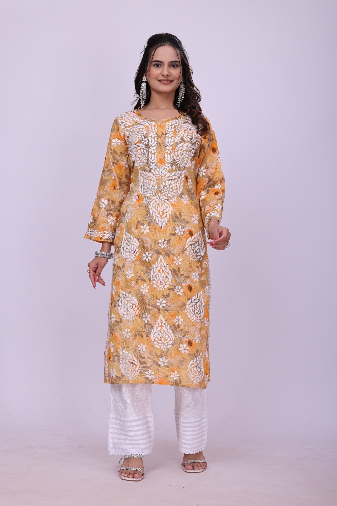 Karigiri Mustard Yellow Chikankari Printed Cotton Kurta_KF0220