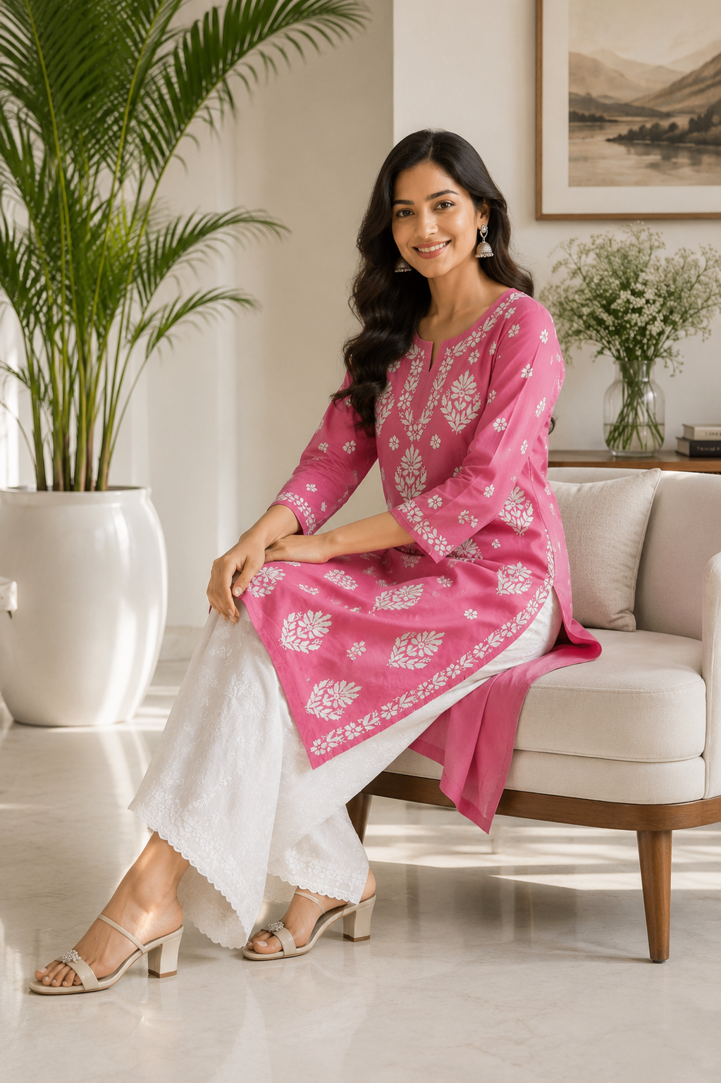Karigiri Rose Pink Chikankari Mulmul Cotton Kurti_KF0169