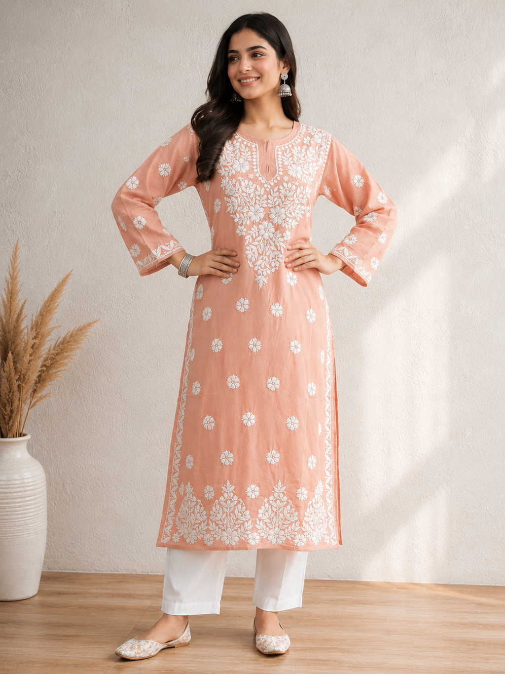 Karigiri Peach Pink Lucknowi Chikankari Hand Embroidered Mulmul Cotton Straight Kurti with White Floral Embroidery, 3/4 Sleeve, Ethnic Wear for Women_KFPP0414