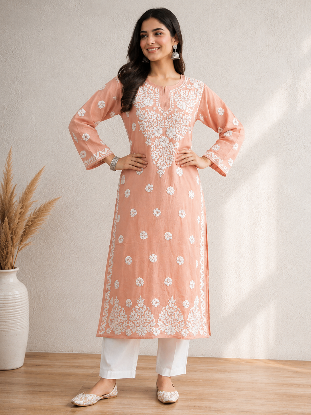 Karigiri Peach Pink Lucknowi Chikankari Hand Embroidered Mulmul Cotton Straight Kurti with White Floral Embroidery, 3/4 Sleeve, Ethnic Wear for Women_KFPP0414