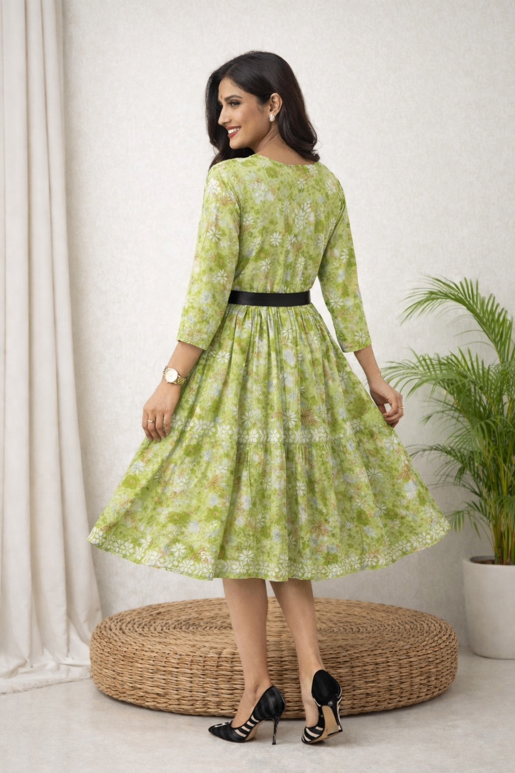 Karigiri Green Chikankari Printed Cotton Frock Kurti_KF0106