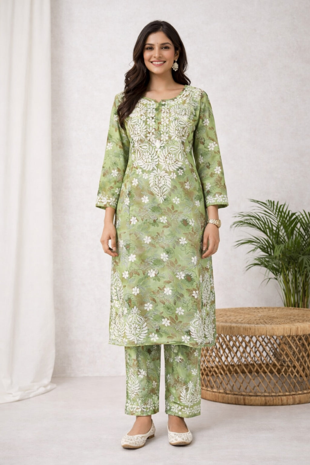 Karigiri Sage Green Floral Chikankari Printed Cotton Kurti Set_KF0167