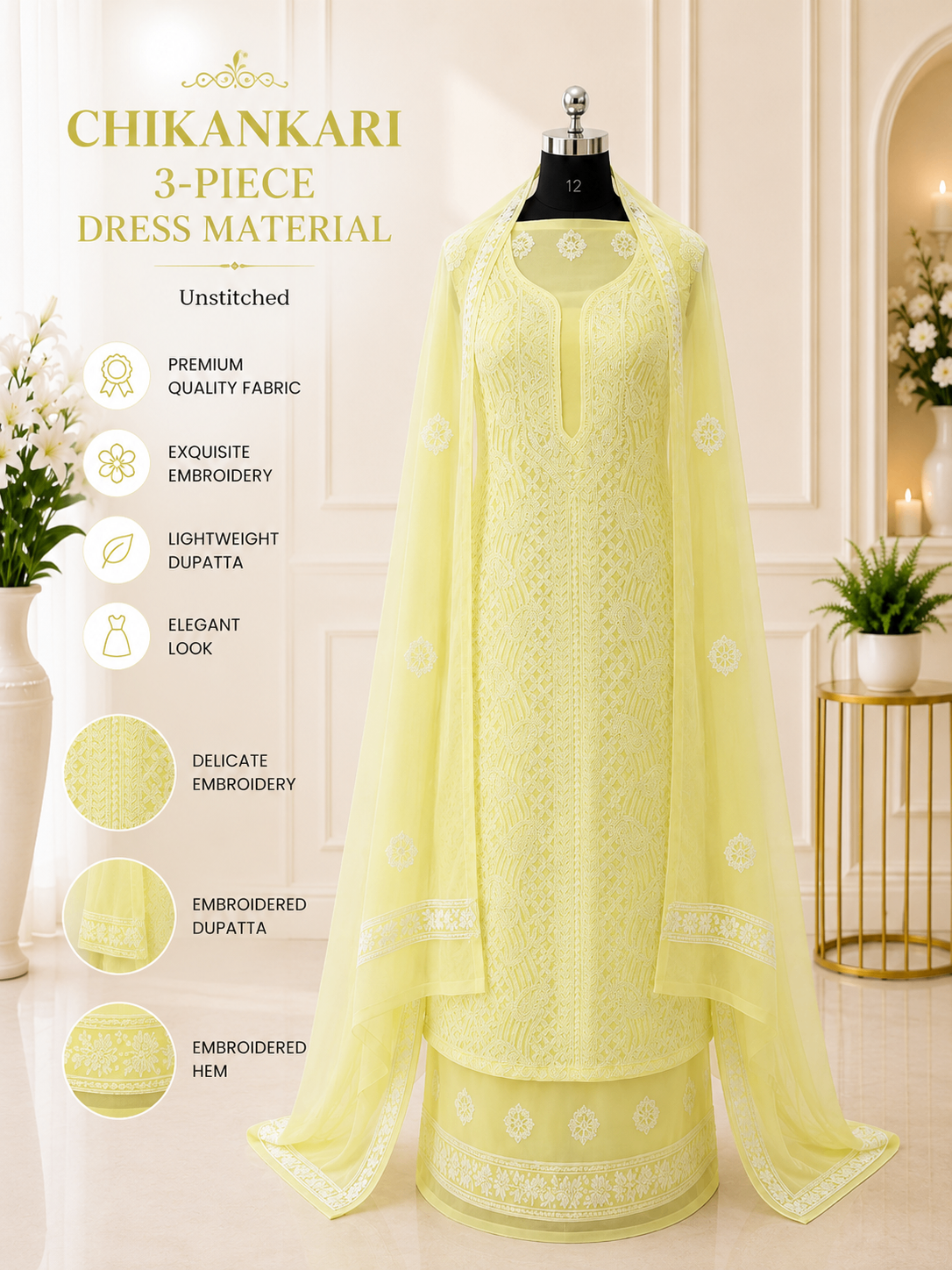 Karigiri Lemon Yellow Chikankari Georgette Dress Material