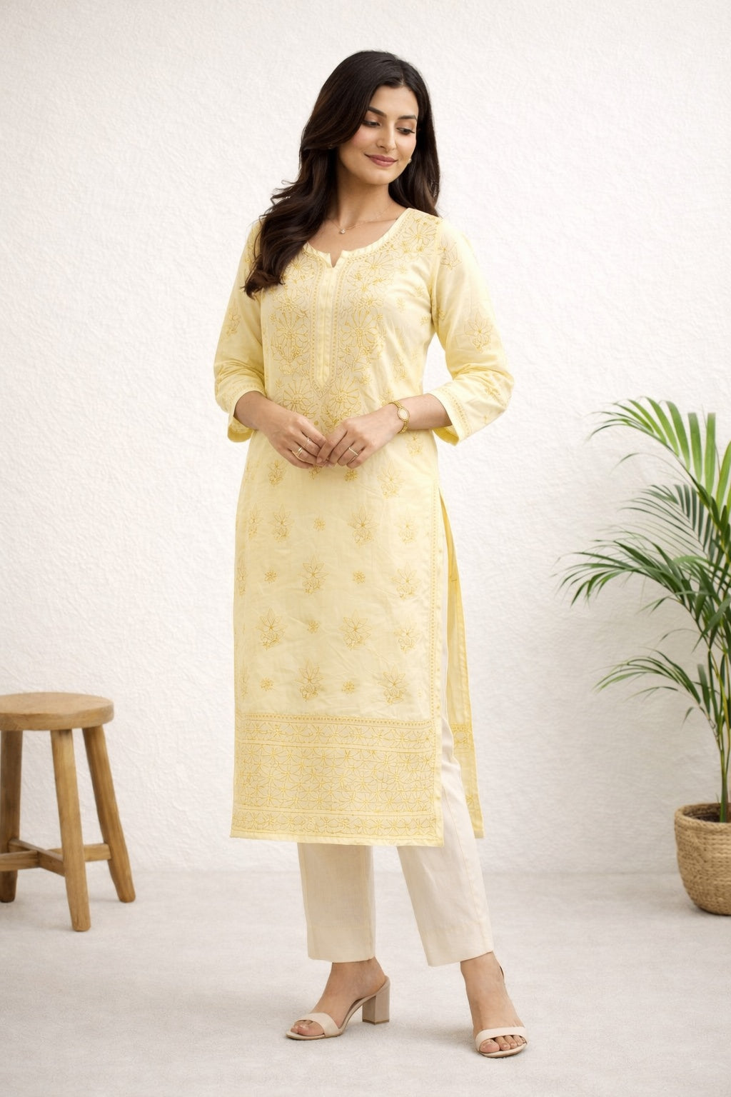 Karigiri Soft Yellow Chikankari Cotton Kurti_KF0094