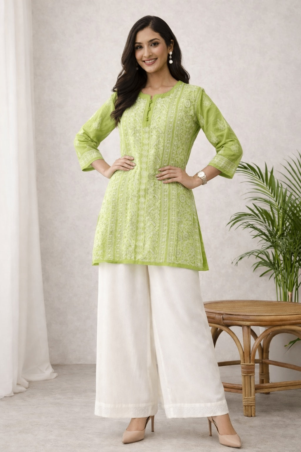 Karigiri Lime Green Georgette Chikankari Short Kurti_KF0120