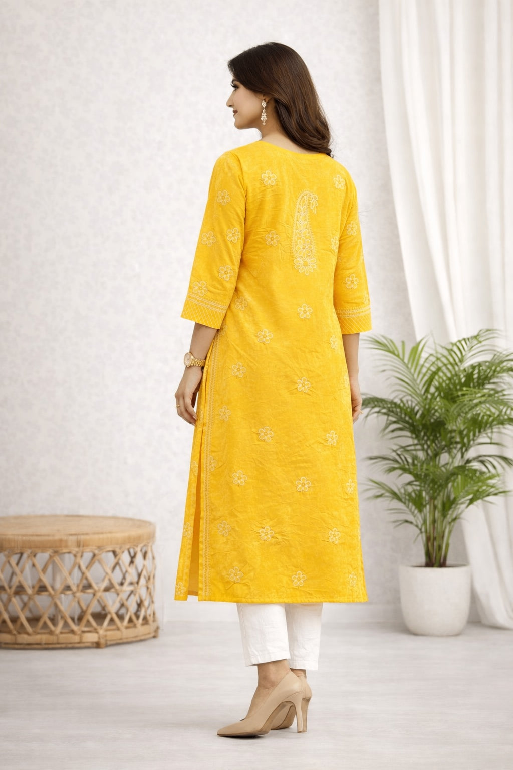 Karigiri Mustard Yellow Chikankari Cotton Kurti_KF0091