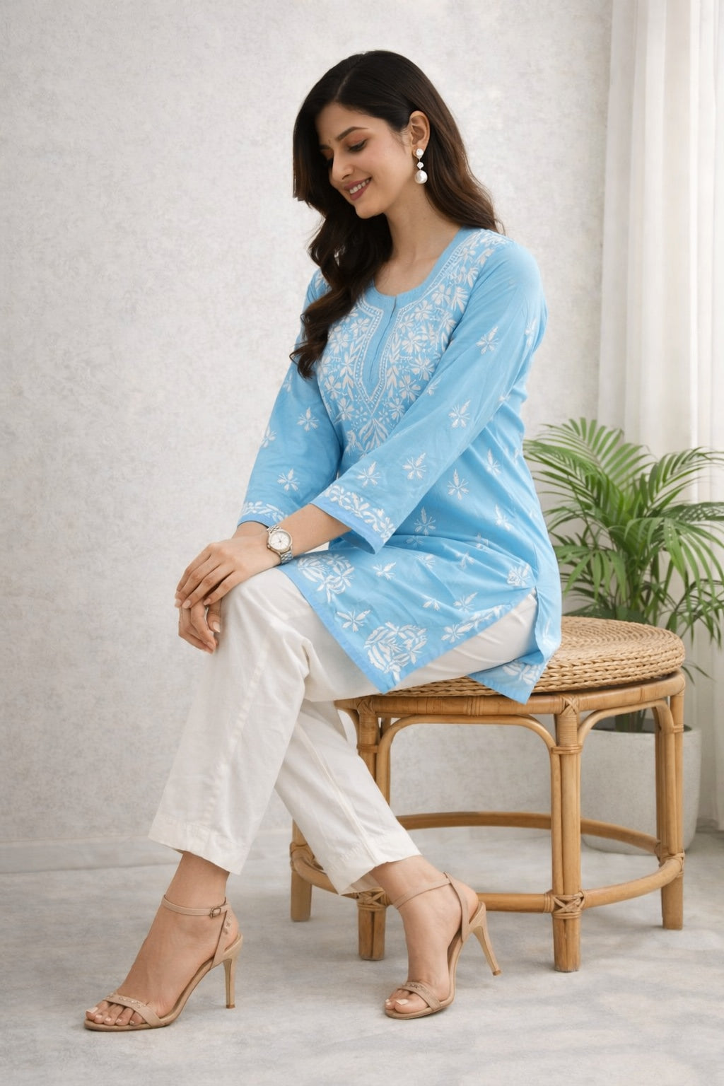 Karigiri Sky Blue Chikankari Rayon Short Kurti_KF0189