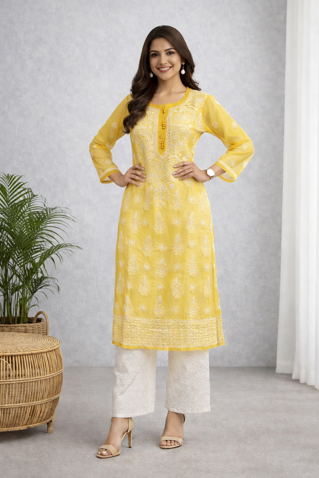 Karigiri Sunshine Yellow Georgette Chikankari Kurti Women_KF0056