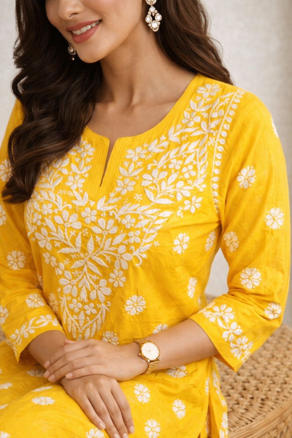 Karigiri Yellow Floral Lucknowi Chikankari Long Calf Length Kurti Set (Kurti with Same Pant), Hand Embroidered Soft Cotton, Straight Fit, Three-Quarter Sleeves, Round Neck
