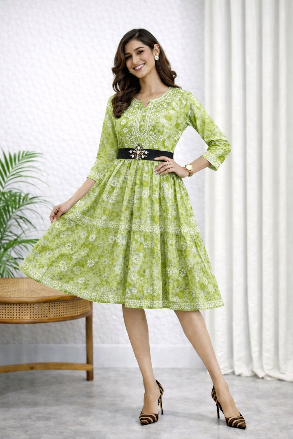 Karigiri Green Chikankari Printed Cotton Frock Kurti_KF0106