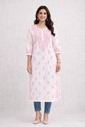 Karigiri White & Pink Chikankari Cotton Kurti_KF0194