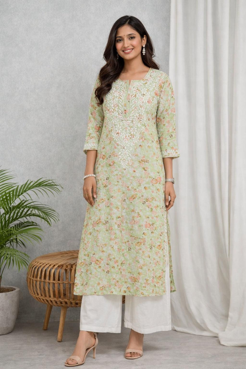 Karigiri Pastel Green Chikankari Printed Cotton Kurti_KF0061