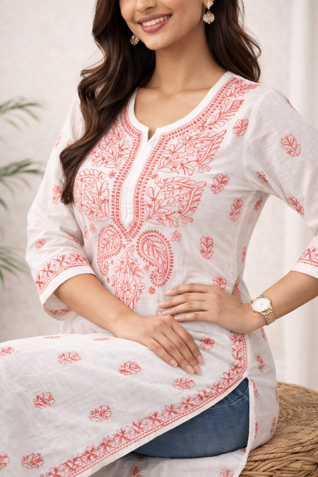 Karigiri White Coral Chikankari Cotton Kurti Women_KF0136