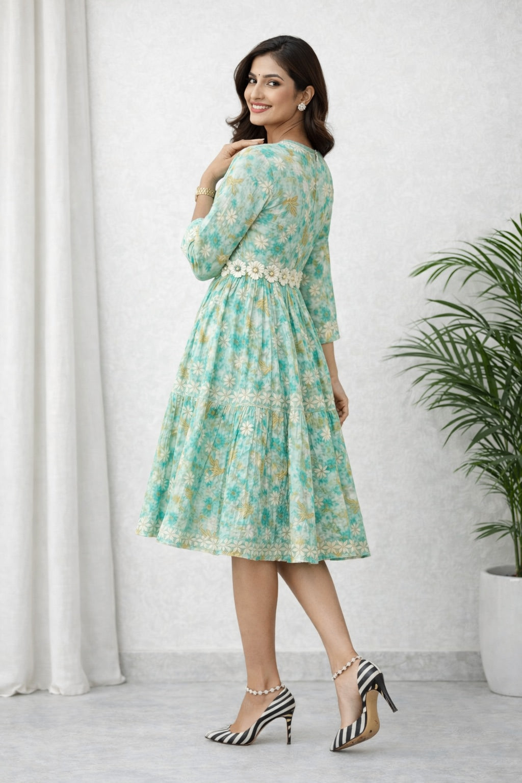 Karigiri Turquoise Blue Floral Printed Cotton Chikankari Frock Kurta_KF0160