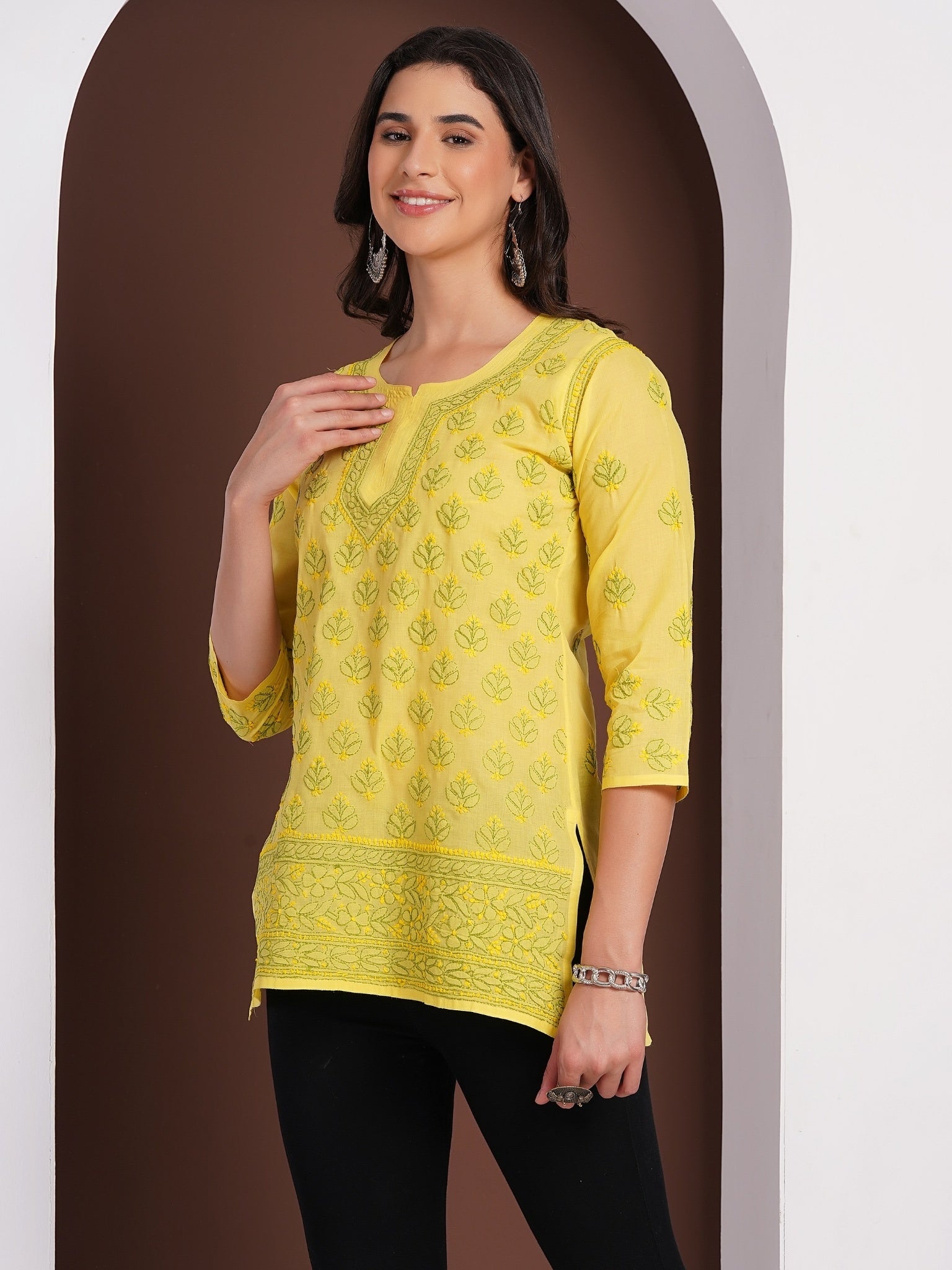 Karigiri Yellow Chikankari Hand Embroidered Pure Cotton Straight Hip Length Short Kurti, 3/4 Sleeve, Ethnic Wear for Women