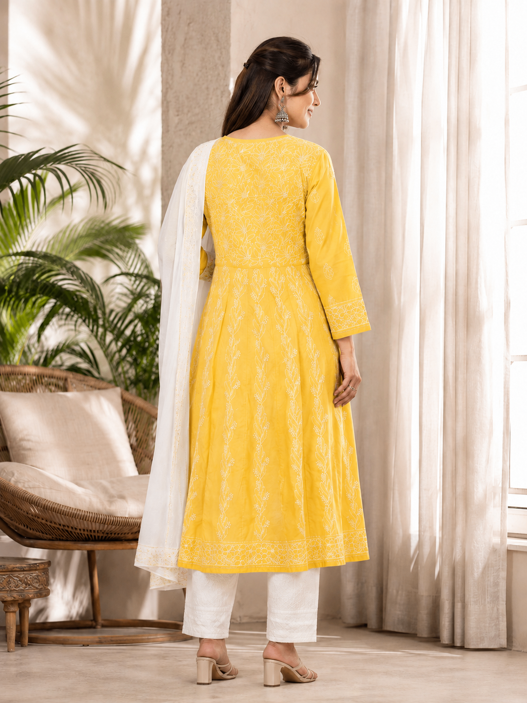 Karigiri Sunshine Yellow Hand Embroidered Chikankari Cotton Anarkali Kurti