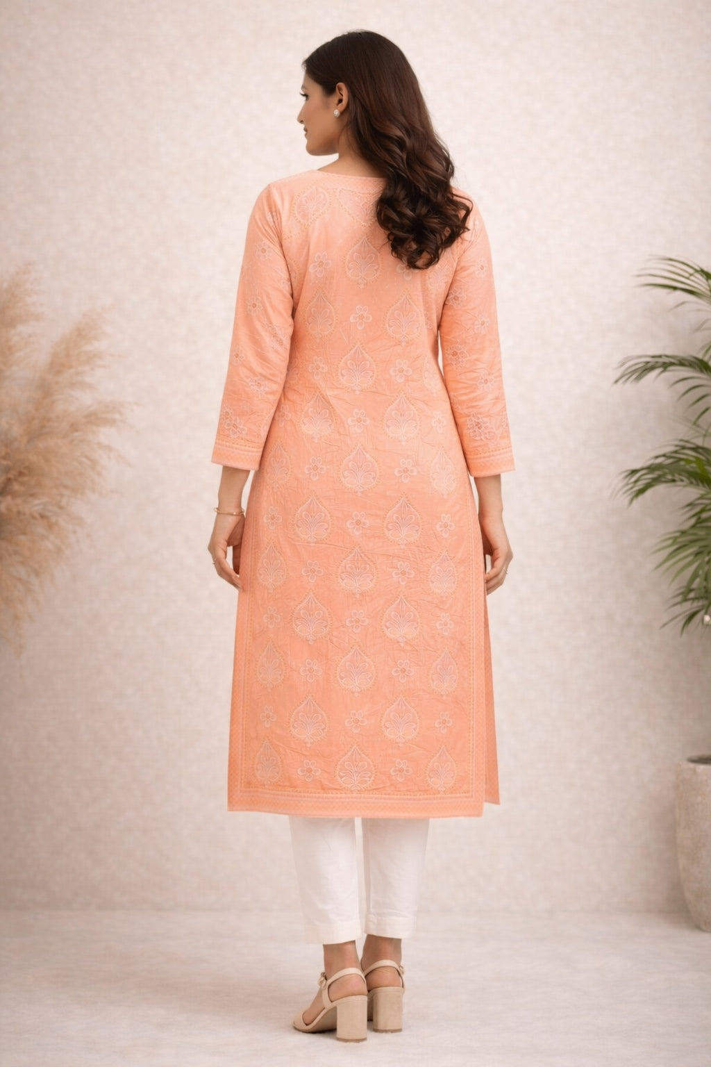 Karigiri Peach Chikankari Cotton Kurti Women_KF0092