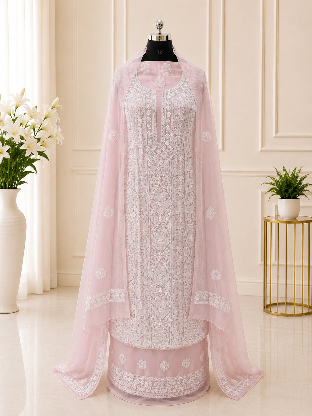 Karigiri Baby Pink Chikankari Georgette Unstitched Dress Material